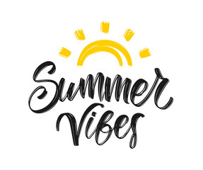 Wall Mural - handwritten type lettering composition of summer vibes with hand drawn brush sun
