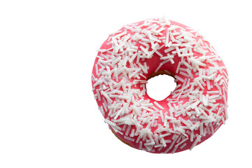 Wall Mural - 
Pink Donut with sweet sprinkles isolated on a white background. Doughnut Day. Dessert food. Fried dough confectionery. Snacks.