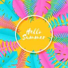 Summer Tropical palm leaves, plants in trandy paper cut style. White round frame on exotic blue pink leaves on yellow sunny background Hawaiian summertime. Circle lable. Vector card illustration