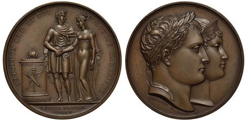 Wall Mural - France French medal mid-19th century Napoleon second marriage to Louisa of Austria in 1810, two standing figures near altar, conjoined heads of Napoleon and Louisa right, bronze