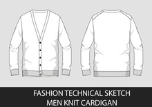 Fashion Technical Sketch Men Knit Cardigan In Vector Graphic