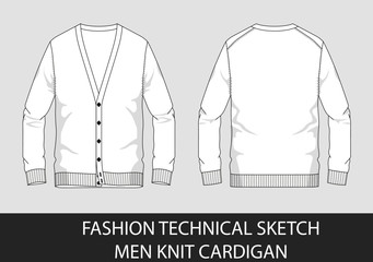 Wall Mural - Fashion technical sketch men knit cardigan in vector graphic