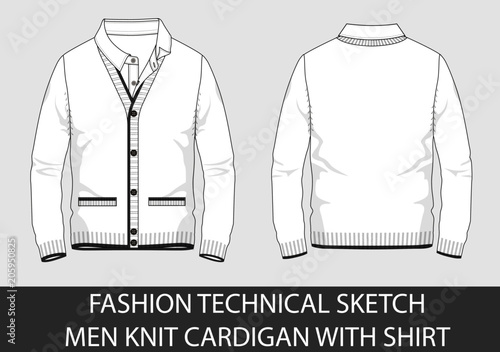 Cuadros en Lienzo Fashion technical sketch men knit cardigan with shirt in vector graphic