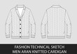 Fashion technical sketch men knit aran single-breasted cardigan in vector graphic