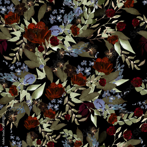 Beautiful watercolor pattern with peony and roses flowers.