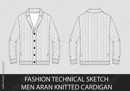 Fotografía Fashion technical sketch men knit aran single-breasted cardigan in vector graphi