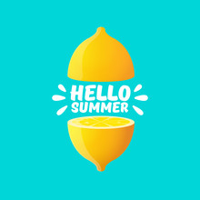 Vector Hello Summer Beach Party Flyer Design Template With Fresh Lemon Isolated On Azure Background. Hello Summer Concept Label Or Poster With Orange Fruit And Typographic Text.