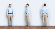 © deagreez - Collage of three full length portrait from all side of perfect, cool, attractive man in blue shirt, pants standing near grey wall on wooden floor