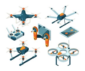 Canvas Print - Different isometric illustrations of drones and quadcopters