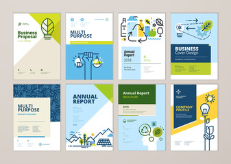 Wall Mural - Set of brochure and annual report cover design templates of nature, green technology, renewable energy, sustainable development, environment. Vector illustrations for flyer layout, marketing material.