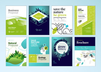 Wall Mural - Set of brochure and annual report cover design templates on the subject of nature, environment and organic products. Vector illustrations for flyer layout, marketing material, magazines, presentations