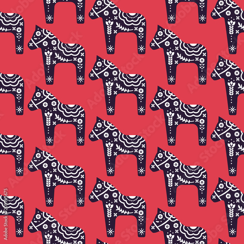 Cotton fabric Dala scandinavian style horse seamless vector pattern.
