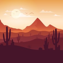 Desert Landscape With Cactuses On The Sunset Background