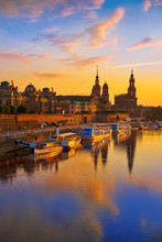 Dresden Skyline And Elbe River In Saxony Germany