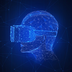 Poster - Virtual reality technology futuristic hud background. Polygon human with 360 VR headset glasses of virtual reality. Using of high technology and 3d mask concept. Low poly design. Square layout