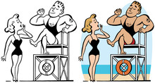 A Muscular Male Lifeguard Is Admired By A Blonde Woman In A Swimsuit.