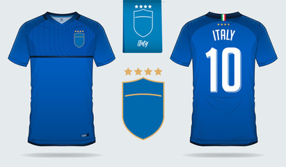 06Set of soccer jersey or football kit template design for Italy national football team. Front and back view soccer uniform. Football t shirt mock up. Vector Illustration