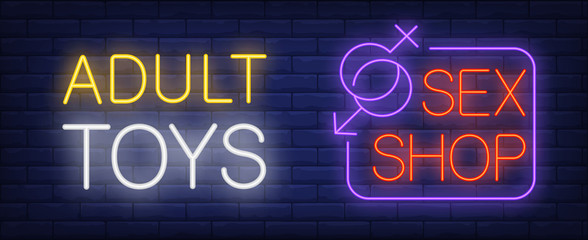 Wall Mural - Adult toys in sex shop neon sign