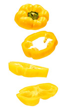 Levitating Yellow Bell Pepper Slices Isolated On White Background With Clipping Path