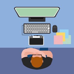 Wall Mural - top view designer works with laptop graphic tablet at desk vector illustration vector illustration