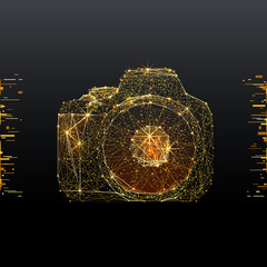 Aufkleber - Photo. Low poly wireframe illustration of camera in gold style. Polygonal vector image in RGB color. Photography concept.