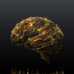 Fototapete - Human Brain. Low poly wireframe illustration of brain in gold style. Polygonal vector image in RGB color. Best idea concept.