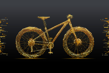 Aufkleber - Bicycle. Low poly wireframe illustration of mountain bike in gold style. Polygonal vector image in RGB color. Video blog concept.