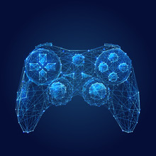 Abstract Vector Image Of Joystick For Video Games. Low Poly Wire Frame Illustration. Lines And Dots. RGB Color Mode. Computer Games Concept. Polygonal Art.