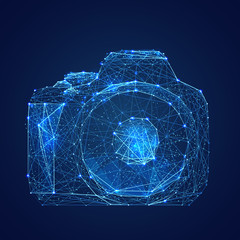 Fototapete - Abstract vector image of camera. Low poly wire frame illustration. Lines and dots. RGB Color mode. Photo concept. Polygonal art.