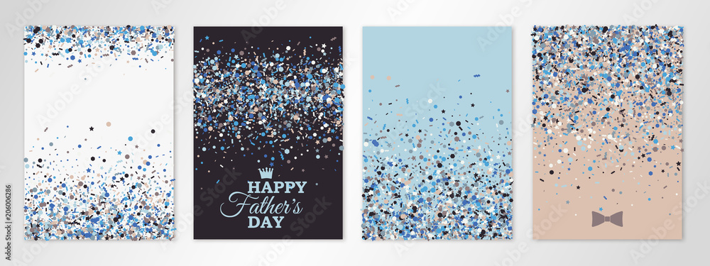 Banners set with scatter confetti on white, blue, brown and rose background. Vector flyer design templates for Fathers Day invitation cards, brochure design, certificates. All layered and isolated - obrazy, fototapety, plakaty 