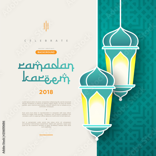 Ramadan Kareem Concept Banner With Islamic Geometric Patterns And Frame Paper Cut Flowers Traditional Lanterns Moon And Stars On Dark Green Tosca Background Color Vector Illustration Buy This Stock Vector And