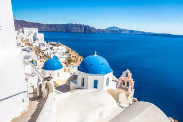 Blue church domes in Santorini Island Greece