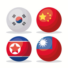 Sticker - Icon set of Asian flags in button shapes over white background, colorful design. vector illustration