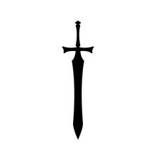 Black Silhouettes Of Medieval Knight Sword On White Background. Paladin Weapon Icon. Fantasy Warrior Equipment. Vector Illustration