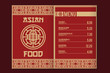 Asian style menu with asian patterns and symbols. Sushi and traditional asian food. Template for restaurant. Traditional asian colors. Vector illustration