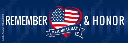Fotografie, Obraz Memorial day, remember & honor with USA flag in heart banner blue