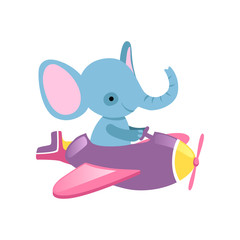 Poster - Blue elephant flying on little plane. Wild animal with large ears and long trunk. Funny aircraft pilot. Flat vector for kids room decor, sticker or postcard