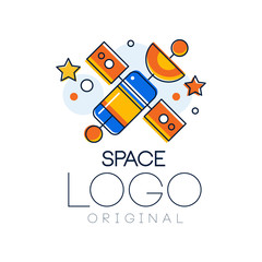 Poster - Space logo original, exploration of space label with satellite vector Illustration on a white background