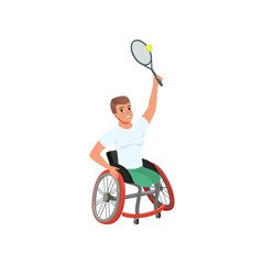 Sticker - Sportsman with physical disabilities playing tennis. Young cheerful man without legs sitting in wheelchair. Flat vector design