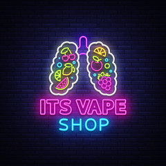 Wall Mural - Vape shop neon sign vector. Vaping Store Logo Emblem Neon, Its Vape Shop Concept With Lungs and Fruits, Fighting Smoking. Trendy designer elements for print and advertising t-shirts. Vector