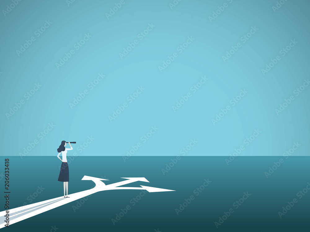 Business or career decision vector concept. Businesswoman standing at crossroads. Symbol of challenge, choice, change, new opportunity. - obrazy, fototapety, plakaty 