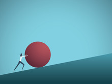 Business Challenge Vector Concept With Businesswoman As Sisyphus Pushing Rock Uphill. Symbol Of Difficulty, Ambition, Motivation, Struggle.