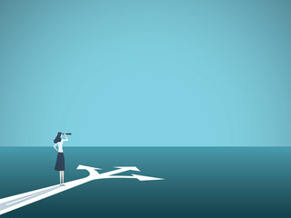 business or career decision vector concept. businesswoman standing at crossroads. symbol of challeng