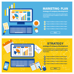 Wall Mural - Development of a marketing plan and promotion strategy. Research and analysis of market data, management of commercial sales department and advertising department. Flat vector cartoon illustration.