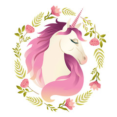 Wall Mural - Unicorn head in wreath of flowers. Watercolor illustration