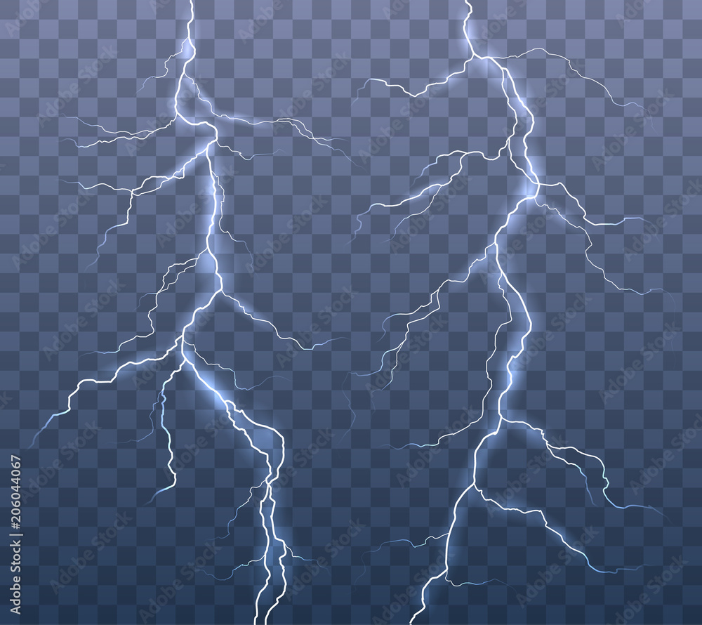Vector realistic set of lightning effects isolated on transparent background - obrazy, fototapety, plakaty 