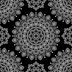 Wall Mural - Dot painting monochrome vector seamless pattern with mandalas, Australian ethnic design, Aboriginal dots pattern in white 