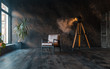 © barshkiper - retro spotlight on tripod in grunge wall background with retro brown armchair