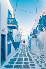 Colorful Streets Of Mykonos Greece, White And Blue Empty Street In Mykonos Old Town Called Little Venice