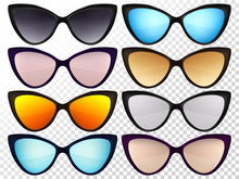 Sunglasses Set. Trendy Sunglasses Colors. Fashion Collection. Summer Vacation Item. Sunglasses For Tropical Trip. Cat Eye Rim Style. Retro Trend Vector.